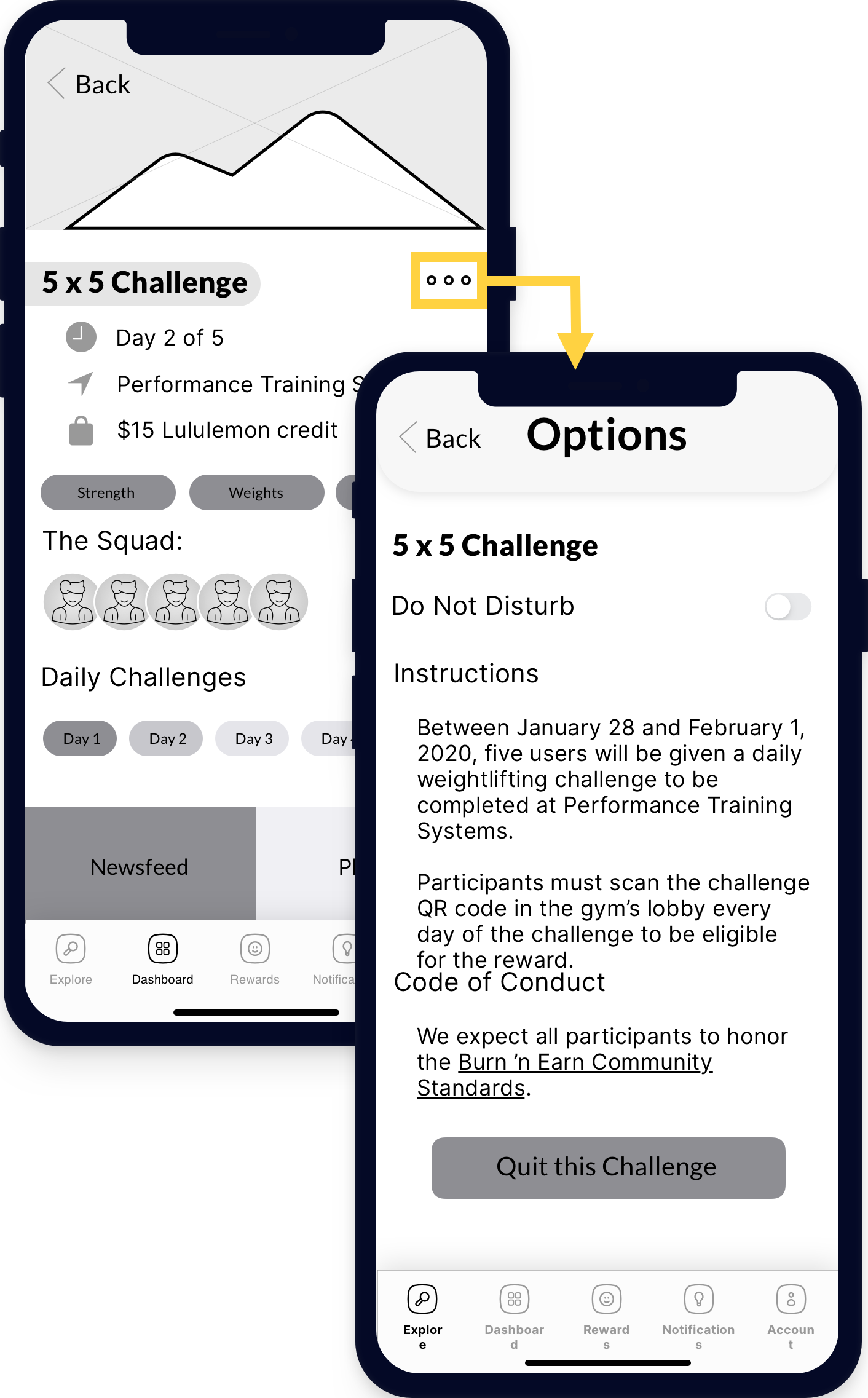 Image of a mobile app screen showing a finess challenge. There's a arrow pointing out a button for more options, and an image of an Options screen that shows instructions and an option to quit the challenge.