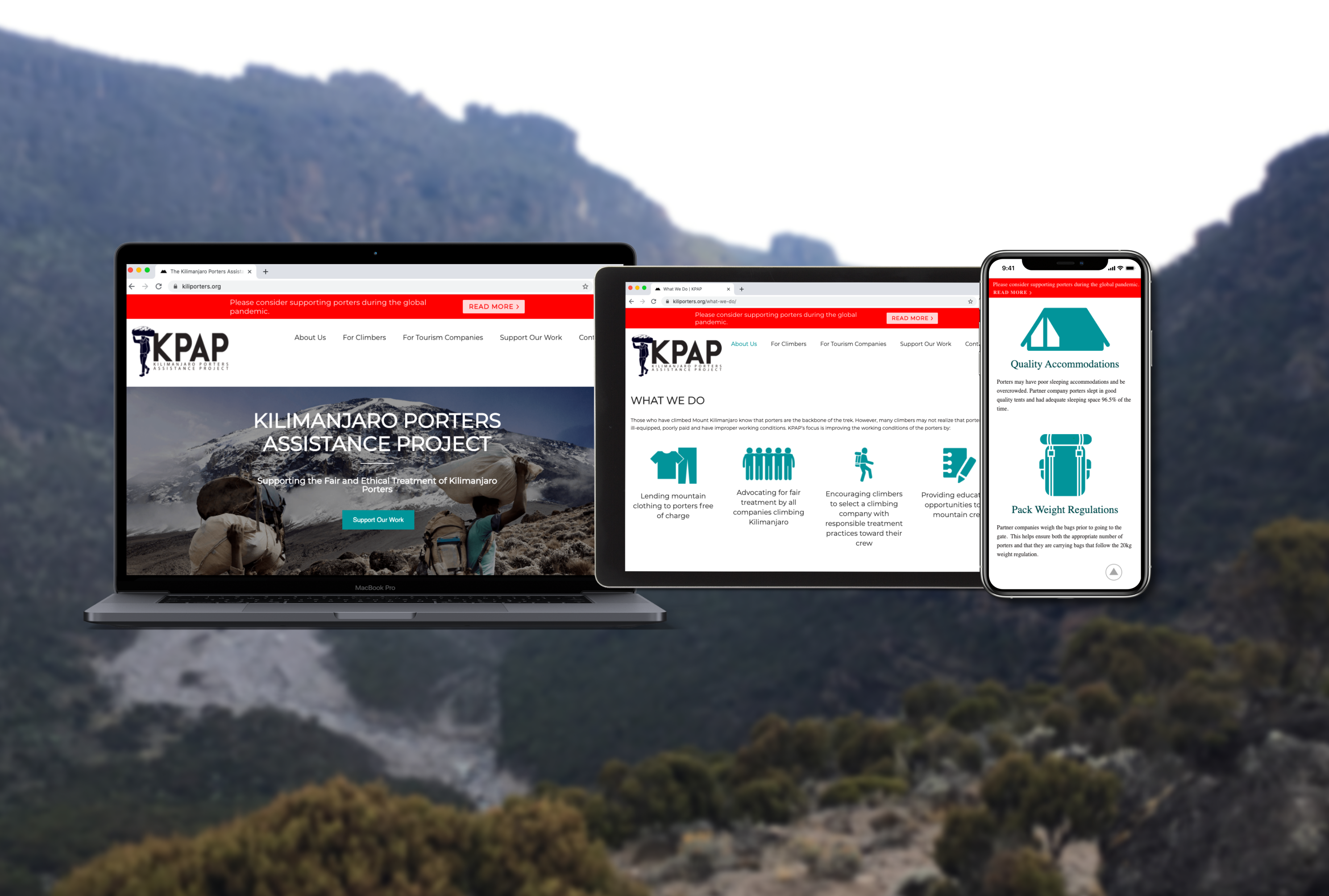Examples of the new KPAP site across desktop, tablet and mobile. The screens are superimposed on top of a blurred background image of Mount Kilimanjaro