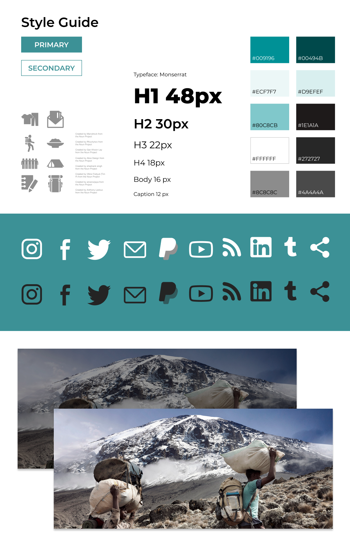 Image of style guide assets, including typography, color, buttons and image treatment