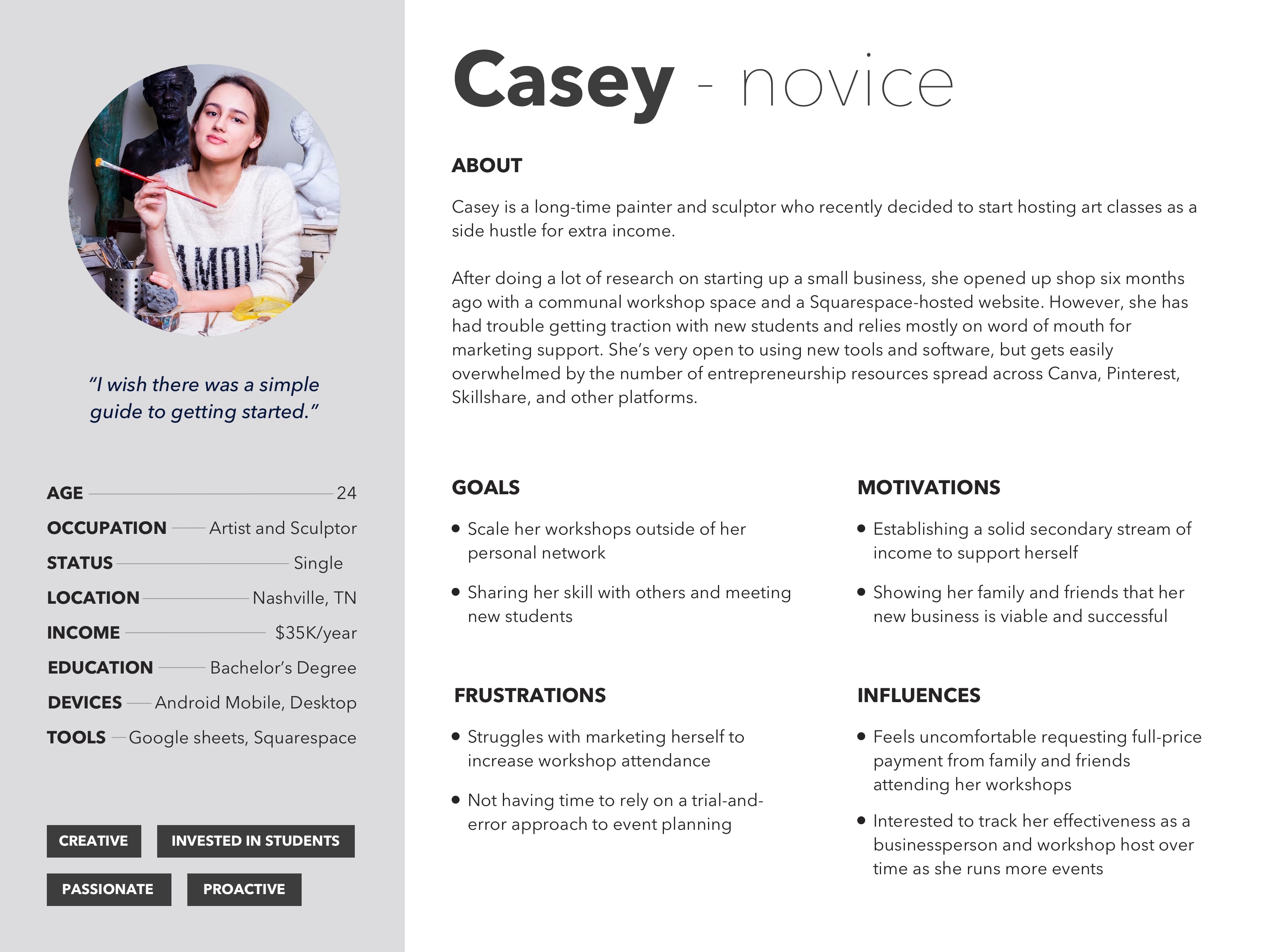 image of a persona of Casey, the novice host. The persona includes a summary, goals, motivations, frustrations, influences, and demographic information, as well as a headshot.