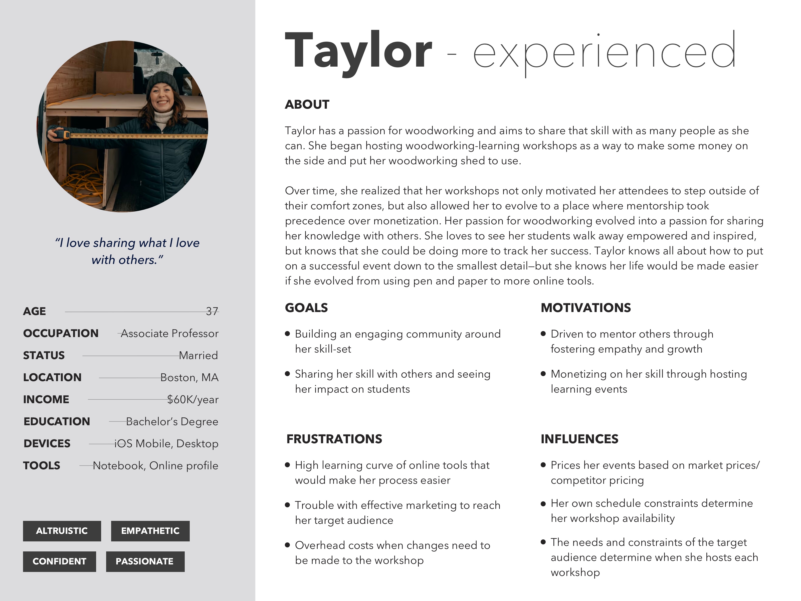 image of a persona of Taylor, the experienced host. The persona includes a summary, goals, motivations, frustrations, influences, and demographic information, as well as a headshot.