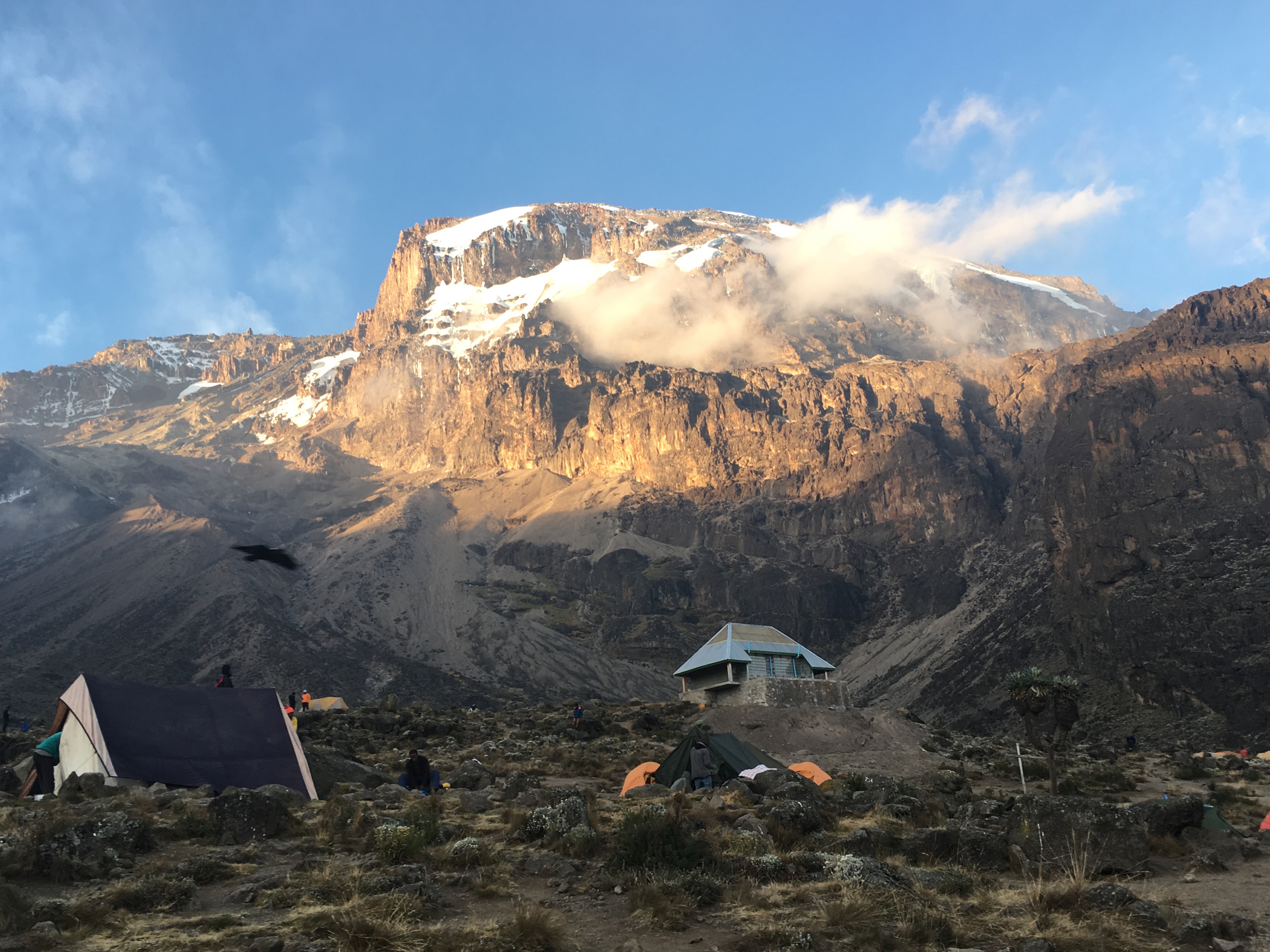 Photo of tents set up at the base of a mountain ridge. Photo by the author.